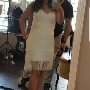 Pageant Opening Number Beige Off-White Cocktail Fringe Dress